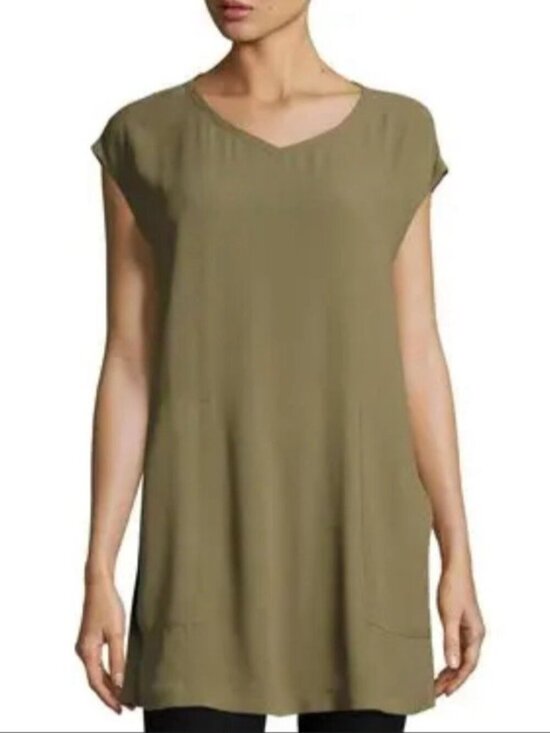 Eileen Fisher Tops - EILEEN FISHER Silk Georgette Crepe green Vneck Tunic Sz S Pockets Dolman Cap